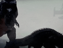 a silhouette of a dinosaur standing next to another dinosaur