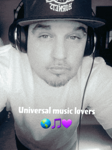 a man wearing headphones and a hat with the words universal music lovers