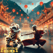 a poster for museum bola shows a monk and a lion dancing