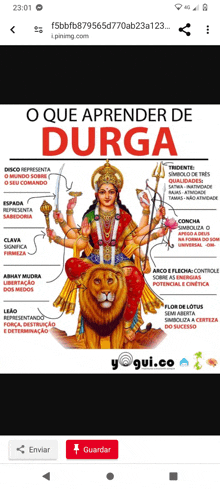 a poster of a woman sitting on a lion with the words " o que aprender de durga " at the top