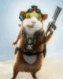 a hamster wearing sunglasses and a vest is holding a gun .