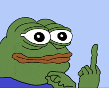 a cartoon frog giving the middle finger with a blue background