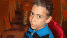 a young boy wearing a blue and black striped shirt is looking at the camera