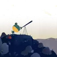 an illustration of a frog looking through a telescope on a rocky hillside