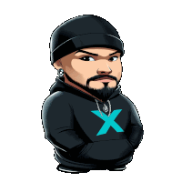 a cartoon of a man with a beard wearing a black hoodie with a blue x on it