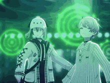 two anime characters holding hands in front of a green circle