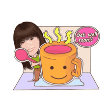 a cartoon of a woman holding a spoon next to a cup of coffee that says get well soon