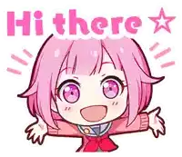 a sticker of a girl with pink hair saying hi there