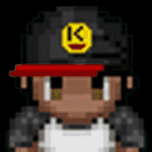 a pixel art of a person wearing a black hat with a yellow k on it .