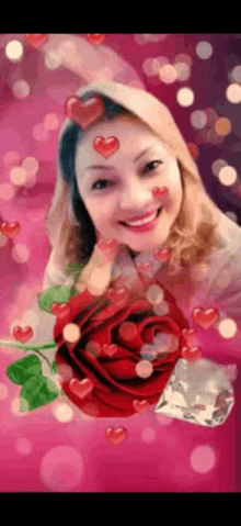 a woman with hearts on her face and a rose