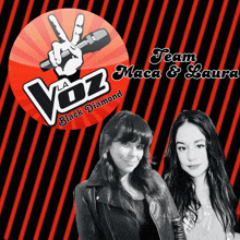 two women are standing in front of a logo that says la voz black diamond