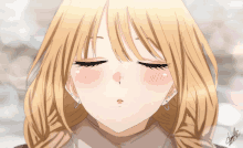 a close up of a blonde anime girl with her eyes closed and the name daniel on the bottom