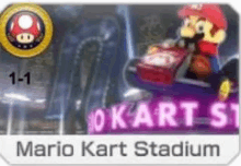 mario kart stadium is a video game where mario kart is driving a kart .