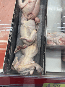 chickens are laying on ice in a display case with a price tag of $ 3.59