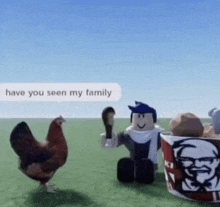 a chicken is standing next to a man and a bucket of kfc .