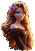 a cartoon girl with long hair and green eyes has a pink rose in her hair