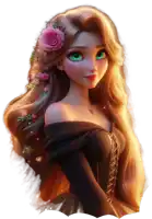 a cartoon girl with long hair and green eyes has a pink rose in her hair