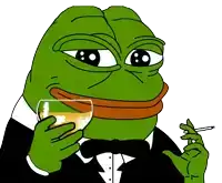 a green frog in a tuxedo holding a glass of whiskey and a cigarette