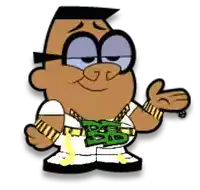 a cartoon character wearing glasses and a chain around his neck has a bag of money around his waist