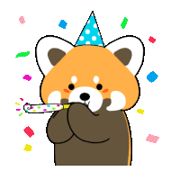 a cartoon red panda wearing a party hat is blowing a party horn