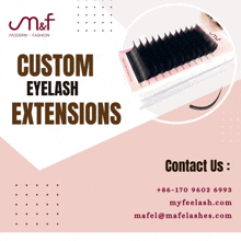 a flyer for custom eyelash extensions with a picture of a tray of eyelashes .