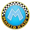 a blue mario kart logo with a checkered pattern on it