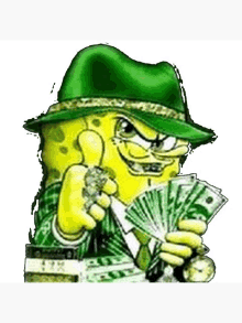 spongebob wearing a green hat is holding a bunch of money