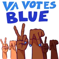 a sign that says " va votes blue " with a bunch of hands giving a peace sign