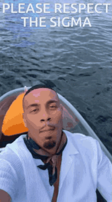 a man is taking a selfie in a boat while wearing a white shirt and tie .