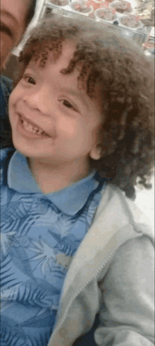 a young boy with curly hair and a blue shirt is smiling