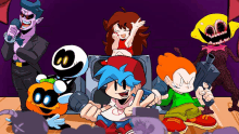 a group of cartoon characters are posing for a picture including pico and girlfriend