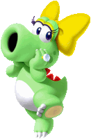 a green cartoon dinosaur with a yellow bow on its head