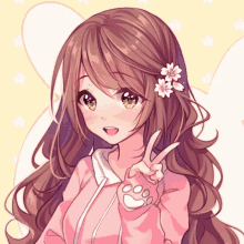 a girl with long brown hair and a flower in her hair giving a peace sign