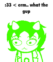 a cartoon of a girl with green hair and the words 33 < erm what the gup