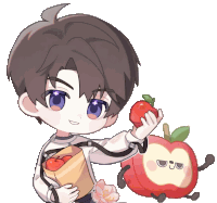 a boy is holding a bag of apples next to a red apple with arms and legs