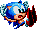 a pixel art drawing of sonic the hedgehog holding a red and white object .