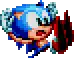 a pixel art drawing of sonic the hedgehog holding a red and white object .