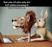 a cartoon of a lion and a rabbit sitting at a desk with a laptop and mouse