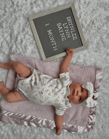 a baby is laying on a blanket next to a letter board that says 1 month