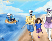 a drawing of a skeleton family walking on a beach with the words " lastportal " on the bottom left