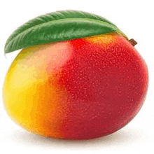 a red and yellow mango with a green leaf on top of it .