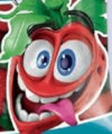 a cartoon tomato with a green leaf on its head is smiling with its tongue hanging out .