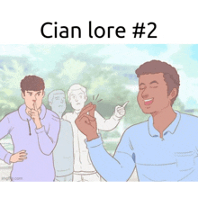 a cartoon of a man making a heart with his finger and the words " cian lore # 2 " above him