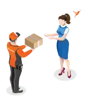 an isometric illustration of a delivery man giving a box to a woman with a hummingbird in the background