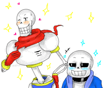 a drawing of papyrus and sans with a red scarf around their neck