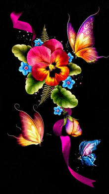 a bunch of colorful butterflies are flying around flowers on a black background