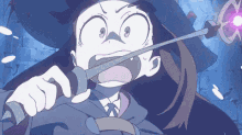 a cartoon girl is holding a sword in her mouth .