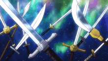 a bunch of swords are flying in the air in a cartoon .