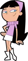 a cartoon girl with long black hair wearing a purple sweater and white skirt