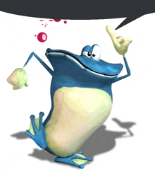 a blue and yellow frog with a speech bubble behind him